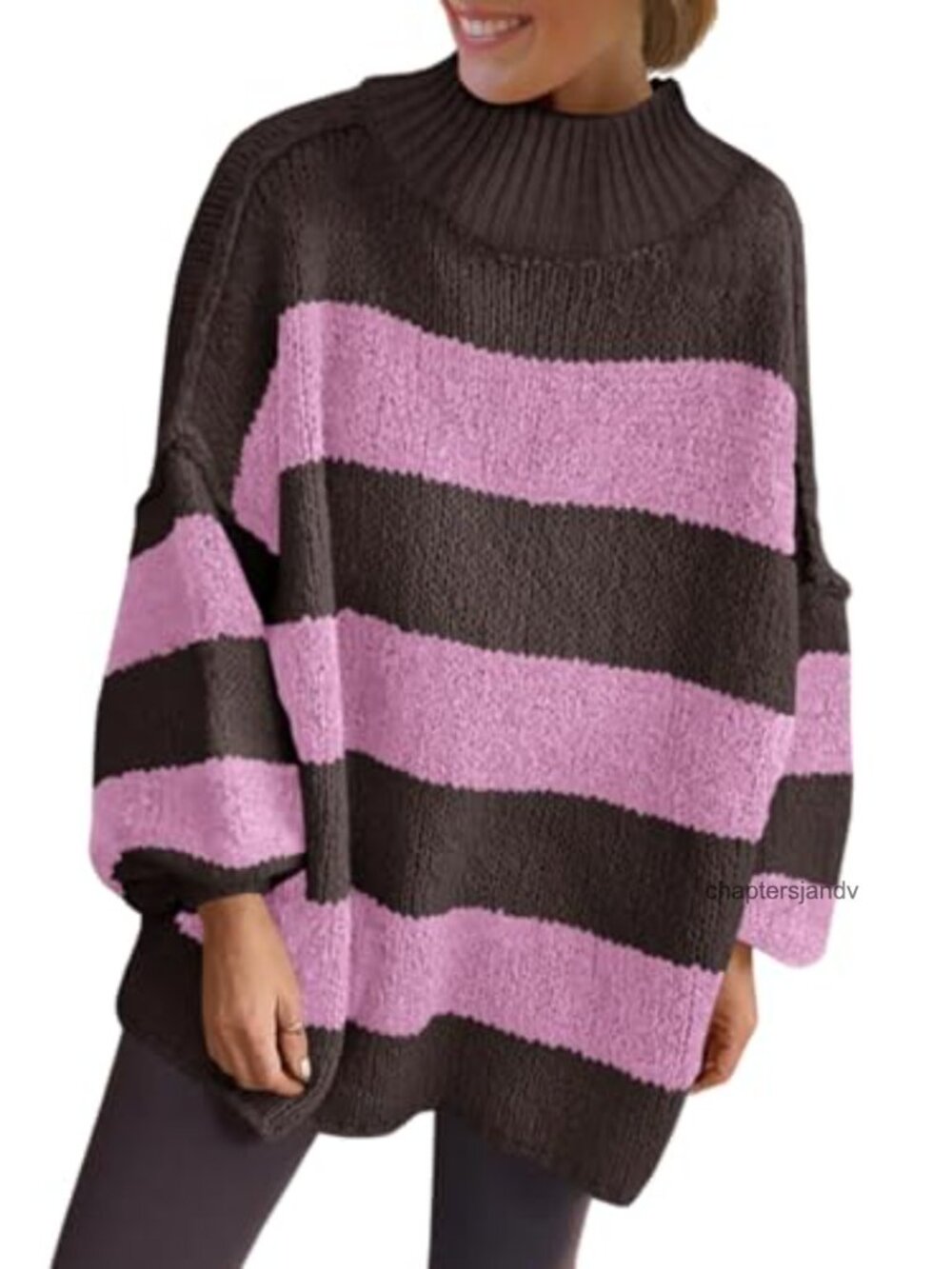 Oversized Striped Chunky Knit Sweater Mock Neck Pullover